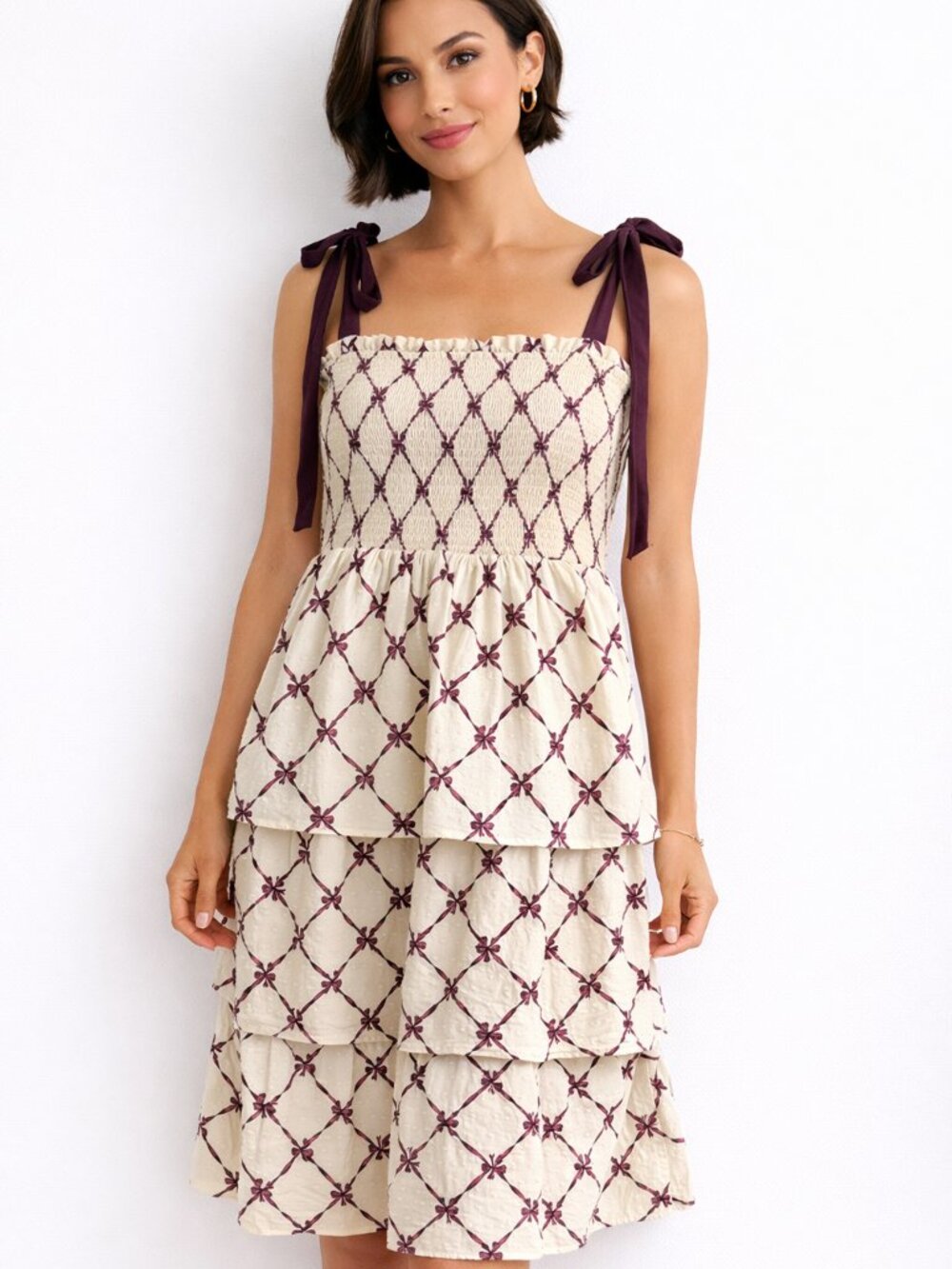 Smocked Tiered Midi Dress Cream Burgundy Tie‎ Strap Boho Cottagecore Sundress S